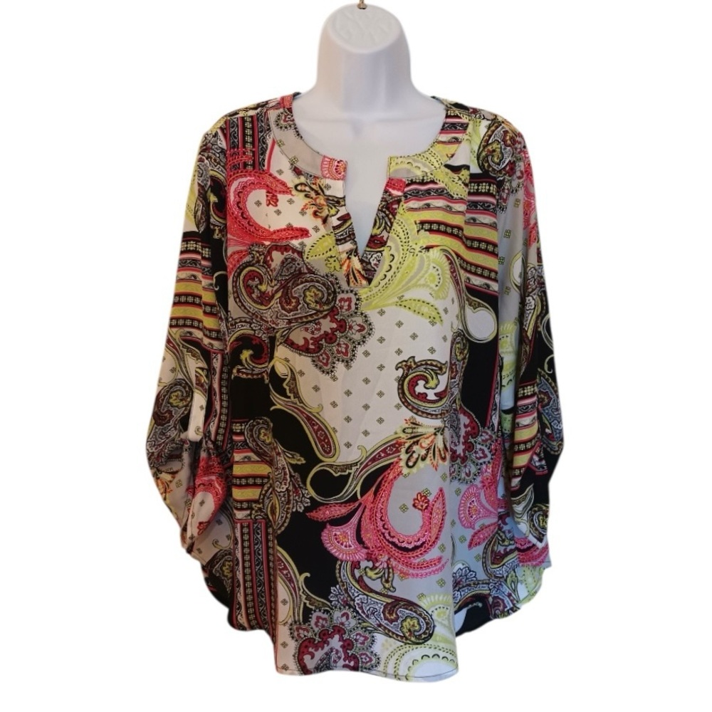 Paisley Print Women's Blouse Black Pink Green Cream Size L